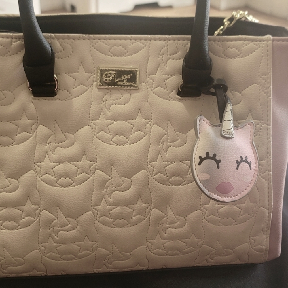 Cream, Pink, and Black Women's Bag with Unicorn Charm